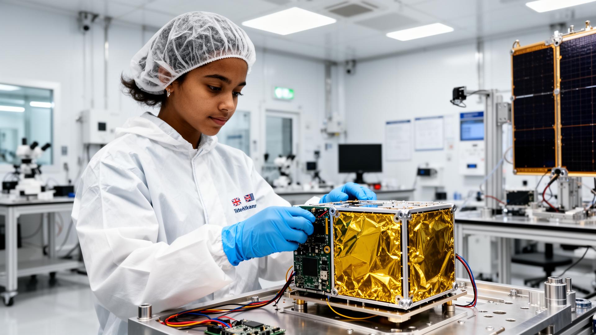 Young technician assembling a satellite in a cleanroom