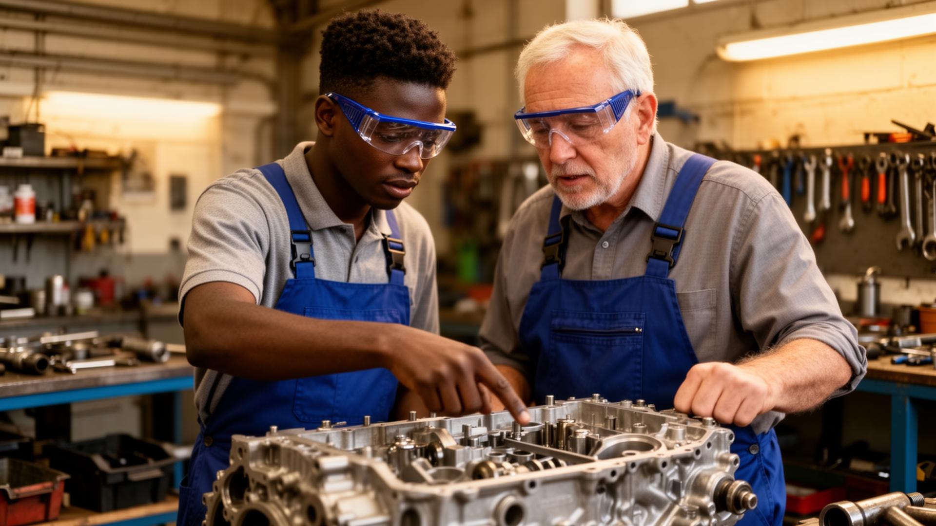 Young motor vehicle apprentice working on an engine with an experienced mechanic