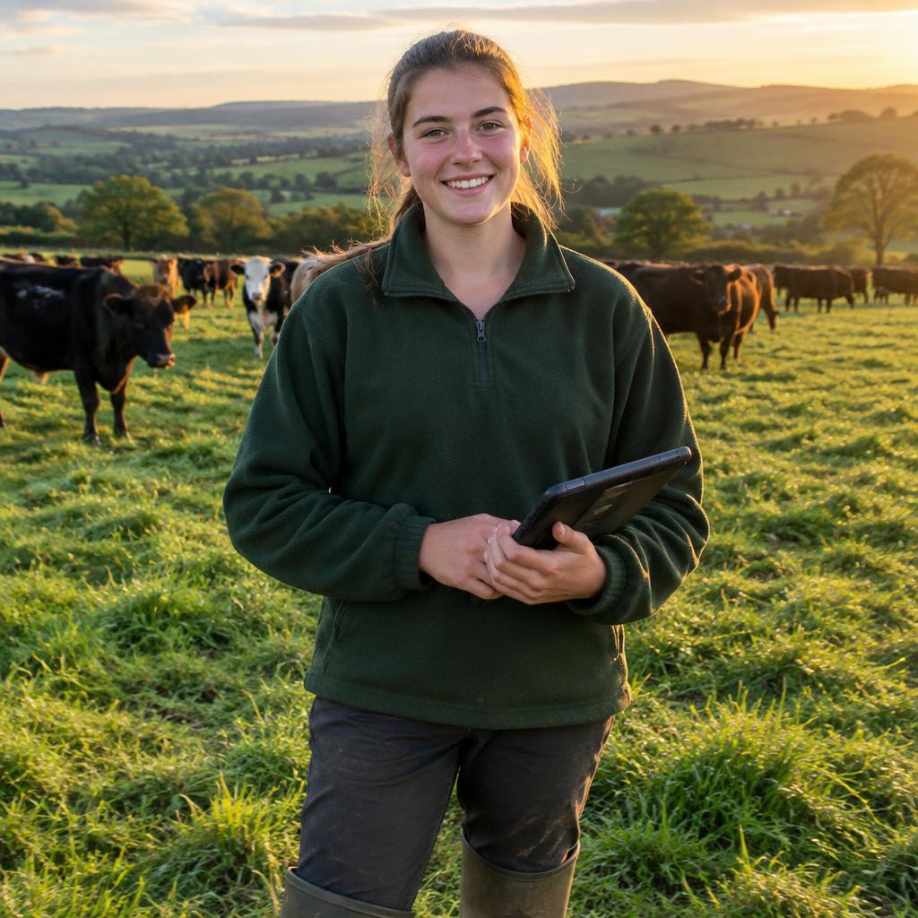Young farm apprentice with a tablet in a UK field with cattle behind her