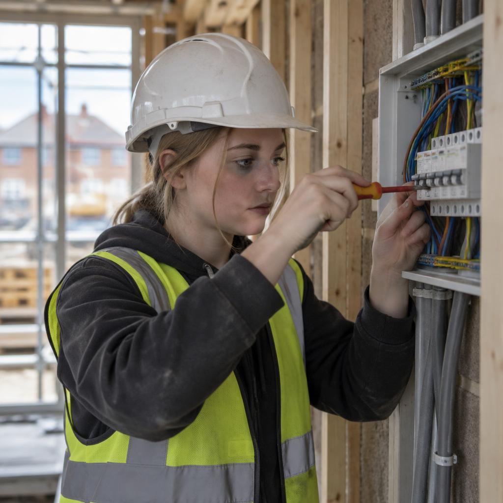 Young electrical apprentice wiring a consumer unit on a house build