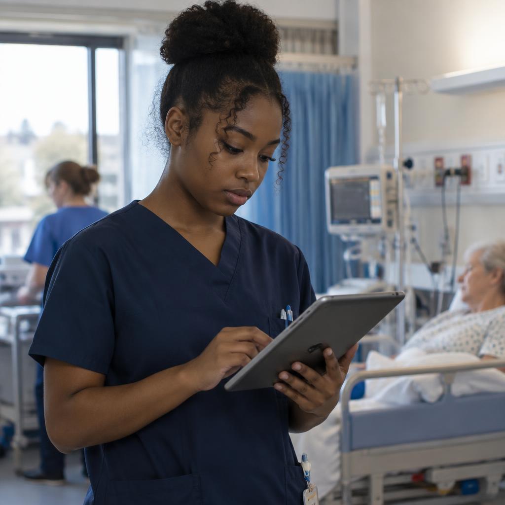 Young healthcare support worker checking notes on a hospital ward