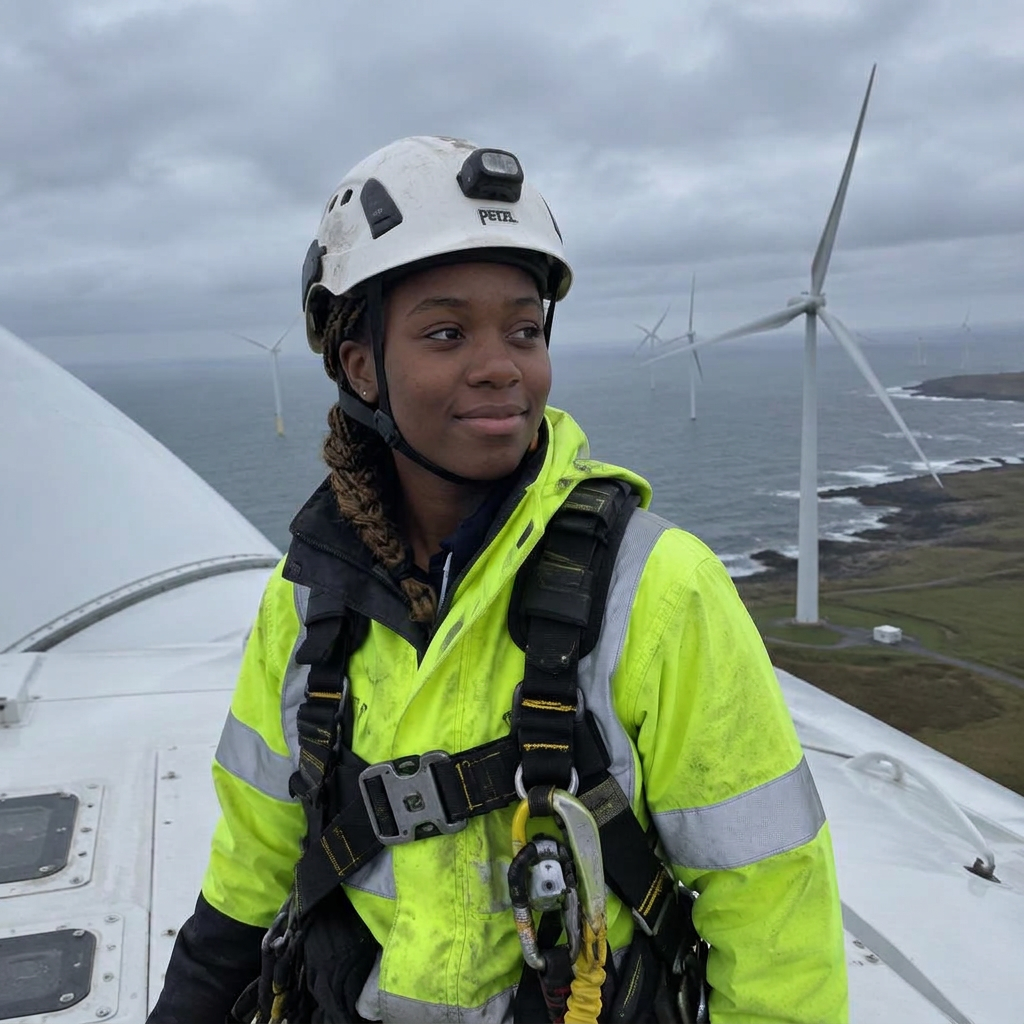Young wind turbine technician apprentice in a harness on top of a turbine